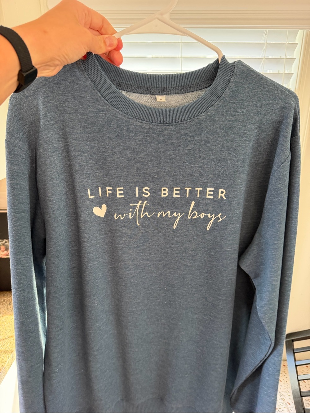 SHEIN Blue Crewneck Sweater with White Script Graphic